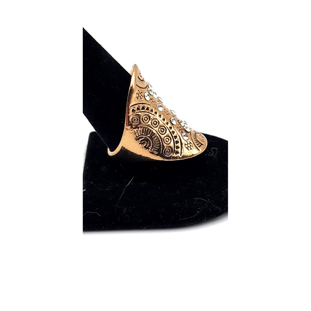 Gold Tone Tribal Engraved Statement Ring Women's Shield Rhinestone Boho Jewelry - Picture 9 of 10